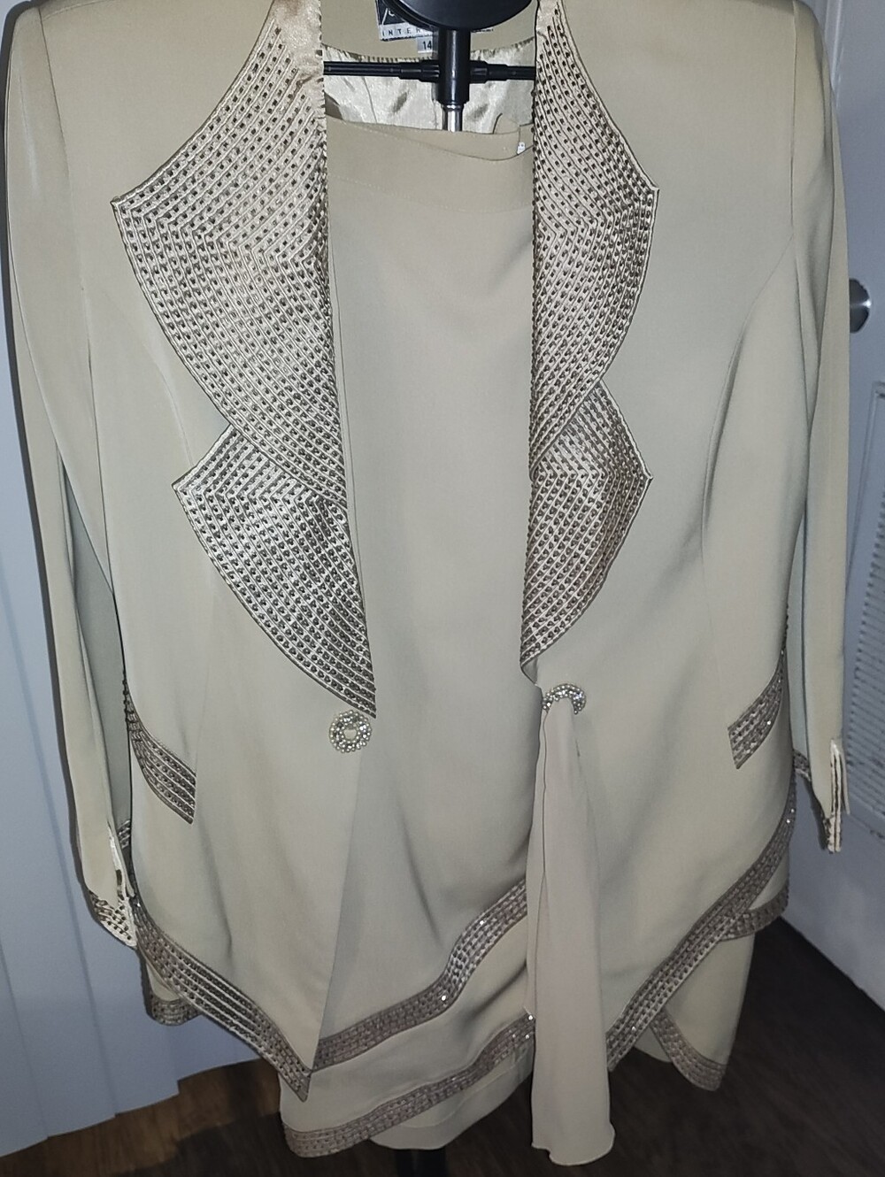 Beige Women's Embellished Blazer with Scarf Detail